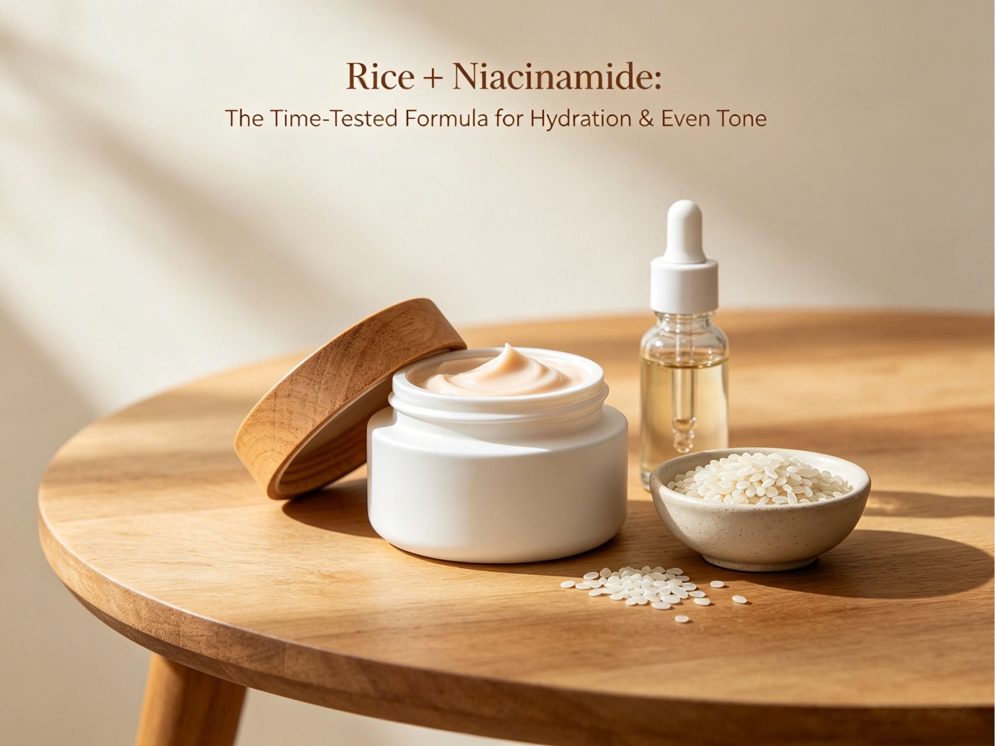 Rijst + Niacinamide: De beproefde formule voor hydratatie en een egale teint.